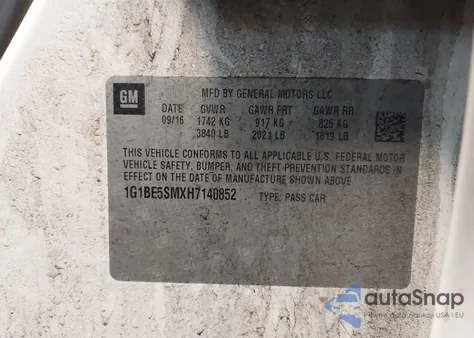 2017 Chevrolet Cruze Lt Auto z USA, uszkodzony, nr VIN 1G1BE5SMXH7140852